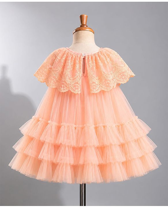 Babyhug Mesh Woven Sleeveless Layered Party Dress With Embroidery - Peach