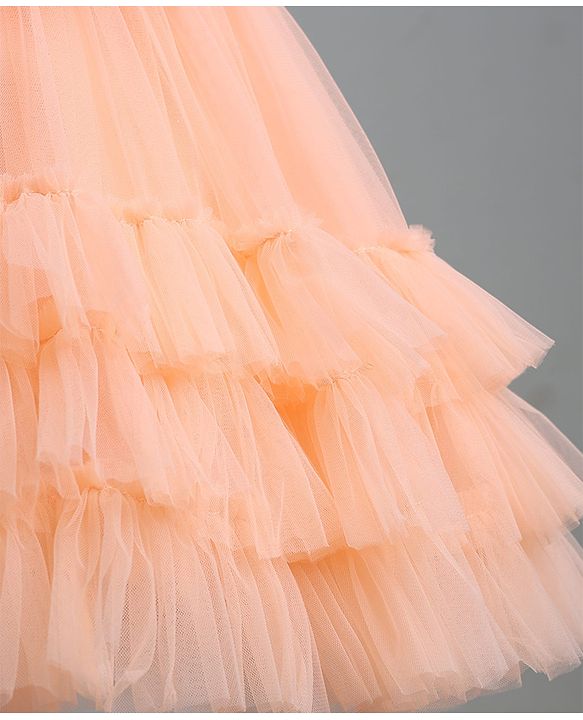 Babyhug Mesh Woven Sleeveless Layered Party Dress With Embroidery - Peach
