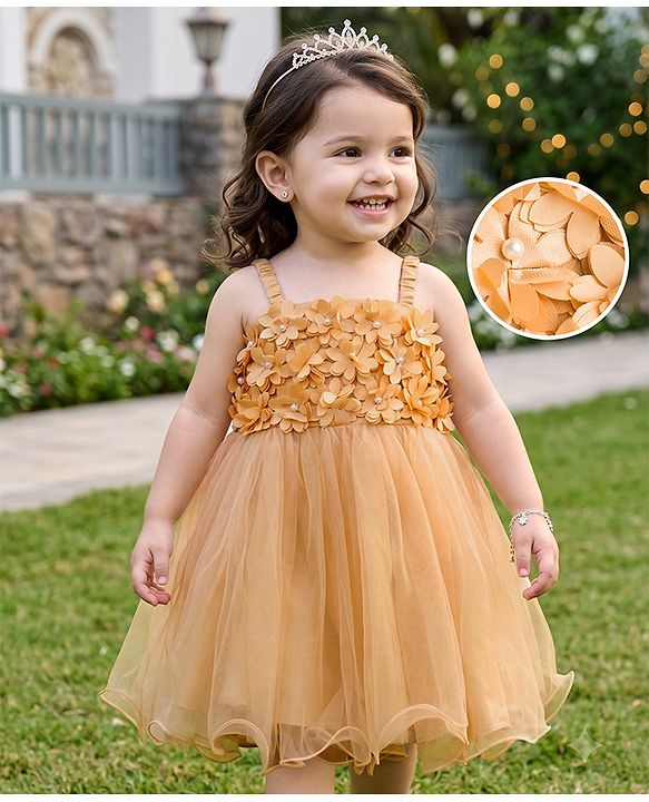 Babyhug Mesh Woven Sleeveless Party Dress With Floral Applique & Pearl Embellishment  - Yellow