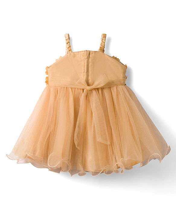 Babyhug Mesh Woven Sleeveless Party Dress With Floral Applique & Pearl Embellishment  - Yellow