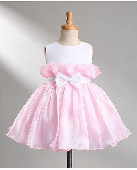 Babyhug Organza Woven Sleeveless Party Frock With Bow Applique - Pink & White