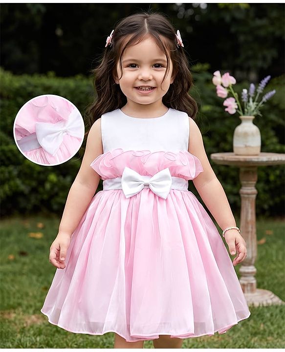 Babyhug Organza Woven Sleeveless Party Frock With Bow Applique - Pink & White