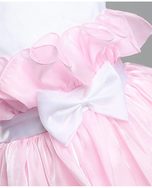 Babyhug Organza Woven Sleeveless Party Frock With Bow Applique - Pink & White
