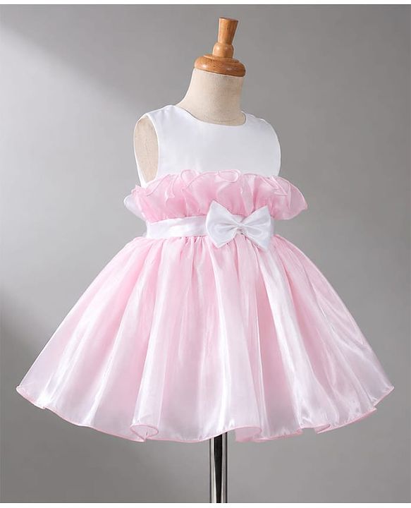 Babyhug Organza Woven Sleeveless Party Frock With Bow Applique - Pink & White