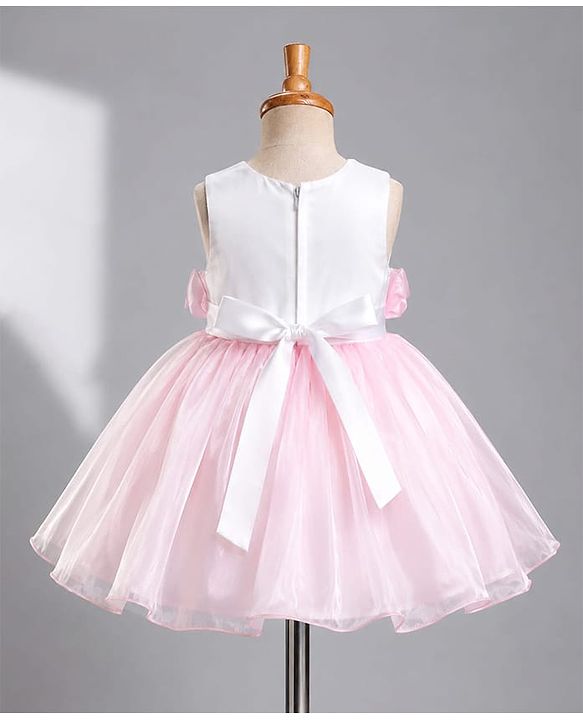 Babyhug Organza Woven Sleeveless Party Frock With Bow Applique - Pink & White