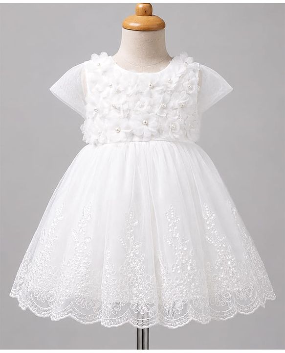 Babyhug Mesh Woven Cap Sleeves Solid Colour Frock with Floral Applique - White