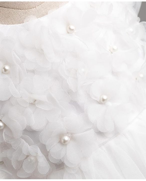Babyhug Mesh Woven Cap Sleeves Solid Colour Frock with Floral Applique - White