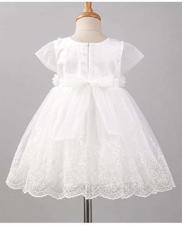 Babyhug Mesh Woven Cap Sleeves Solid Colour Frock with Floral Applique - White