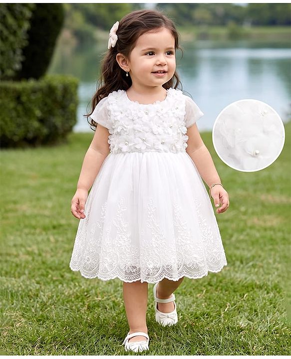 Babyhug Mesh Woven Cap Sleeves Solid Colour Frock with Floral Applique - White