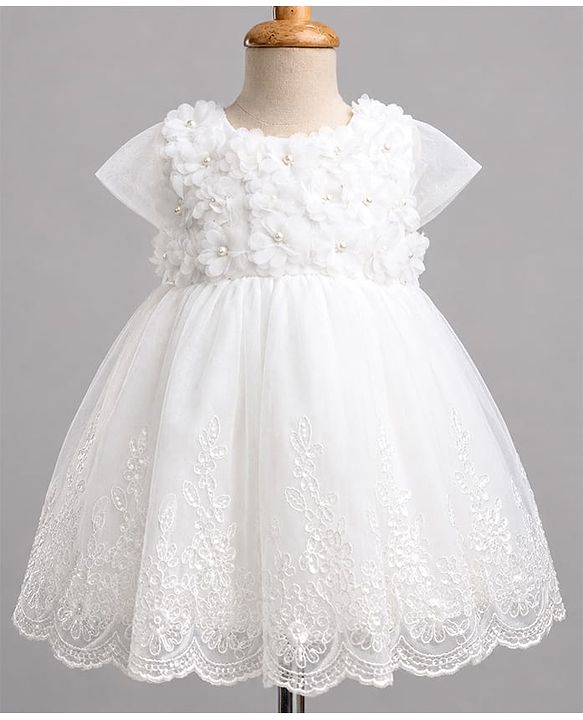 Babyhug Mesh Woven Cap Sleeves Solid Colour Frock with Floral Applique - White