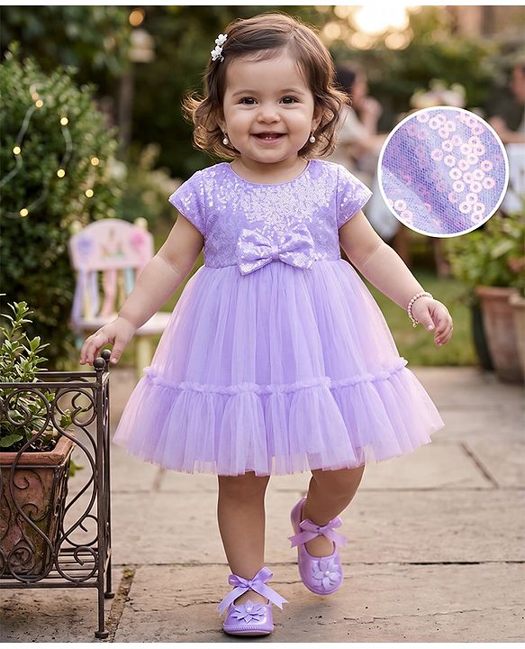 Babyhug Mesh Woven Half Sleeves Sequinned Party Dress With Bow Applique & Booties - Lilac