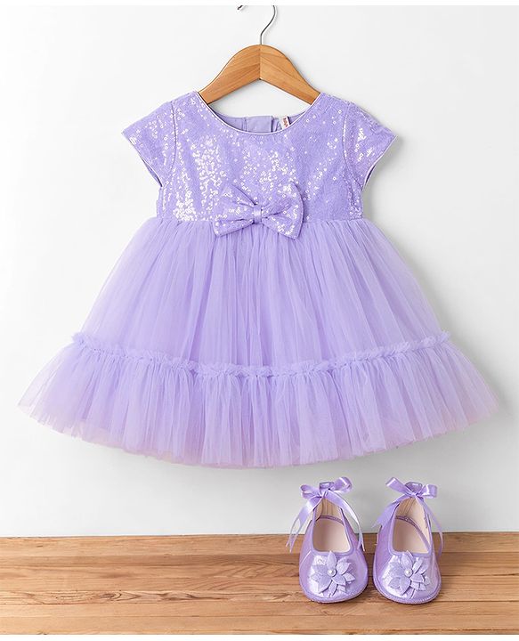 Babyhug Mesh Woven Half Sleeves Sequinned Party Dress With Bow Applique & Booties - Lilac