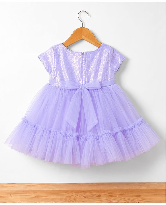 Babyhug Mesh Woven Half Sleeves Sequinned Party Dress With Bow Applique & Booties - Lilac