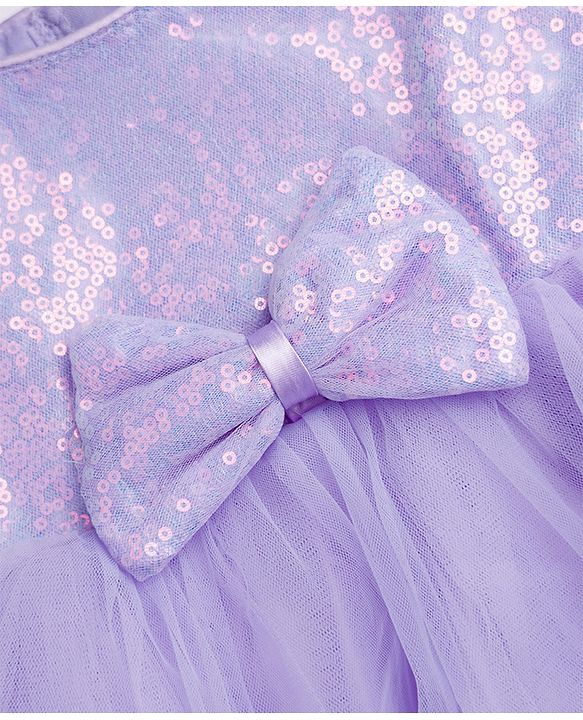 Babyhug Mesh Woven Half Sleeves Sequinned Party Dress With Bow Applique & Booties - Lilac