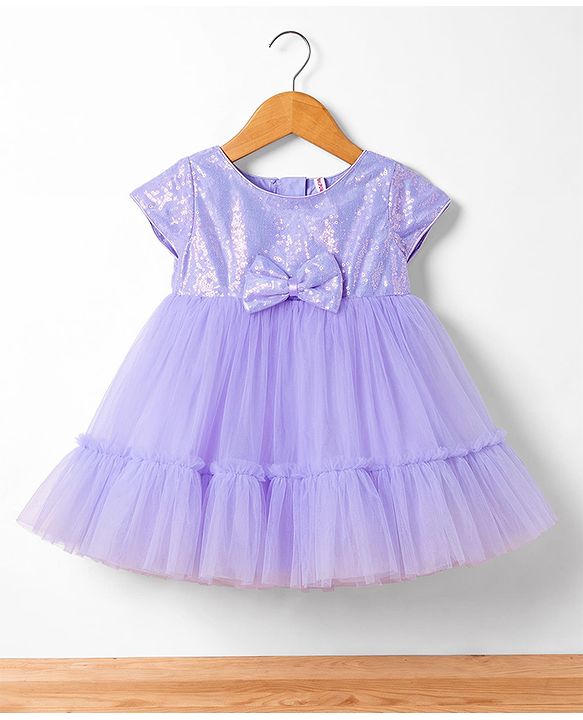 Babyhug Mesh Woven Half Sleeves Sequinned Party Dress With Bow Applique & Booties - Lilac