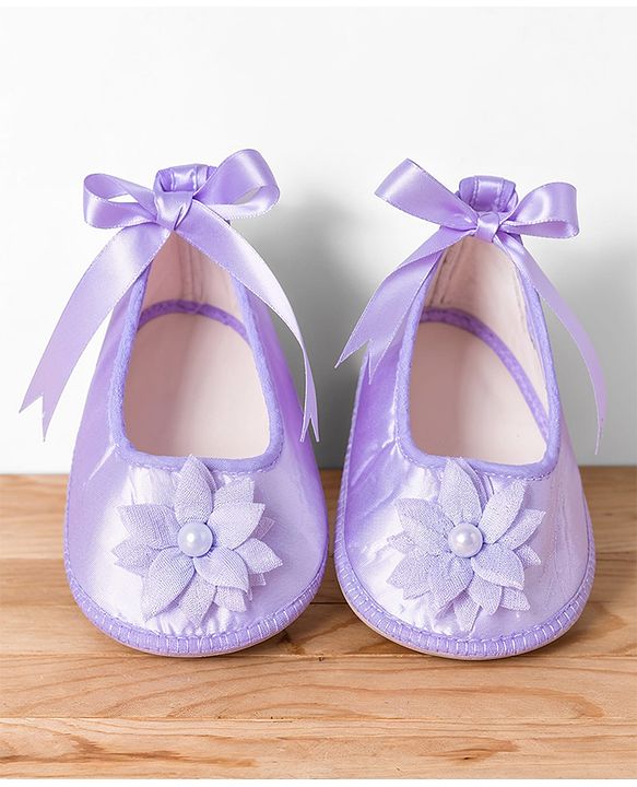 Babyhug Mesh Woven Half Sleeves Sequinned Party Dress With Bow Applique & Booties - Lilac