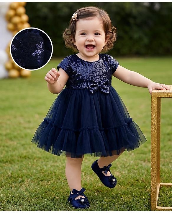 Babyhug  Mesh Woven Half Sleeves Party Dress With Sequin Detailing & Booties - Navy Blue