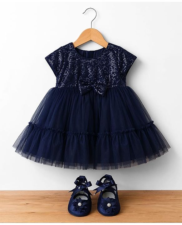 Babyhug  Mesh Woven Half Sleeves Party Dress With Sequin Detailing & Booties - Navy Blue