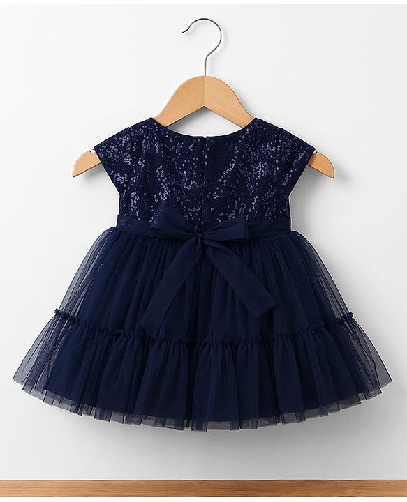 Babyhug  Mesh Woven Half Sleeves Party Dress With Sequin Detailing & Booties - Navy Blue