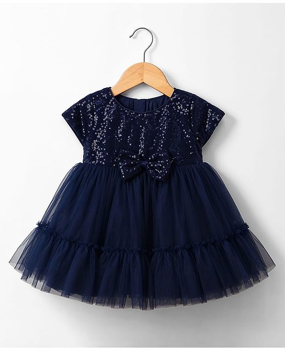 Babyhug  Mesh Woven Half Sleeves Party Dress With Sequin Detailing & Booties - Navy Blue