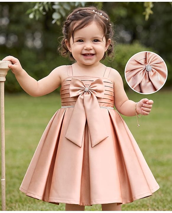 Babyhug Satin Woven Sleeveless Pleated Party Dress With Bow Applique & Embellishment - Brown