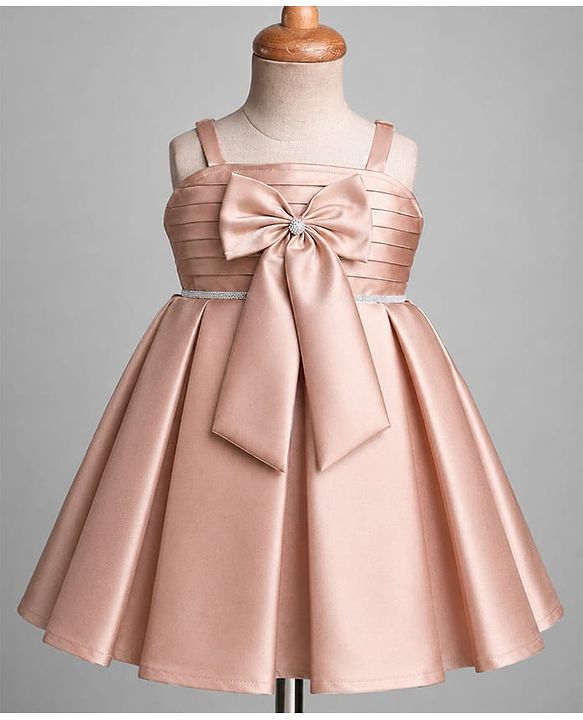 Babyhug Satin Woven Sleeveless Pleated Party Dress With Bow Applique & Embellishment - Brown
