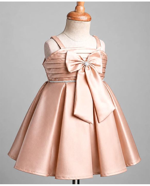 Babyhug Satin Woven Sleeveless Pleated Party Dress With Bow Applique & Embellishment - Brown