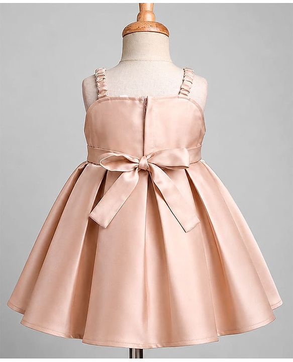 Babyhug Satin Woven Sleeveless Pleated Party Dress With Bow Applique & Embellishment - Brown