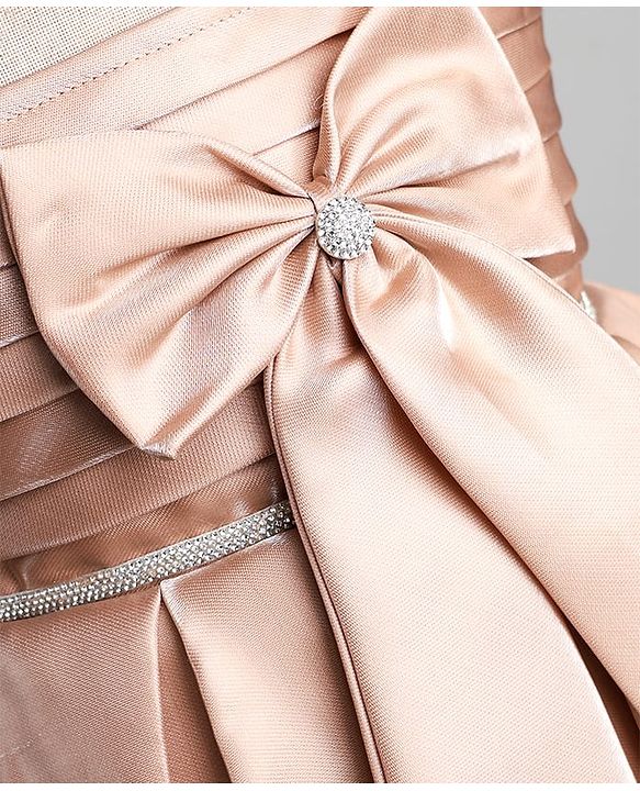 Babyhug Satin Woven Sleeveless Pleated Party Dress With Bow Applique & Embellishment - Brown