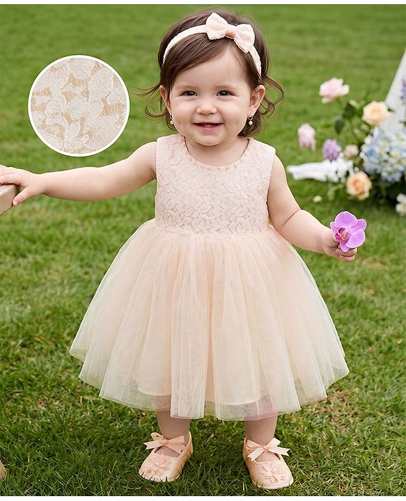 Babyhug Mesh Woven Sleeveless Solid Colour Party Dress with Bow Applique and Matching Booties - Ivory