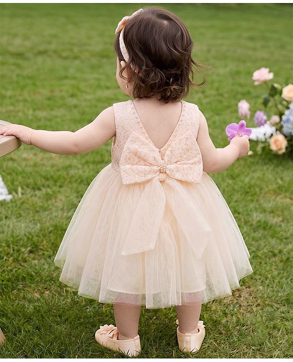 Babyhug Mesh Woven Sleeveless Solid Colour Party Dress with Bow Applique and Matching Booties - Ivory