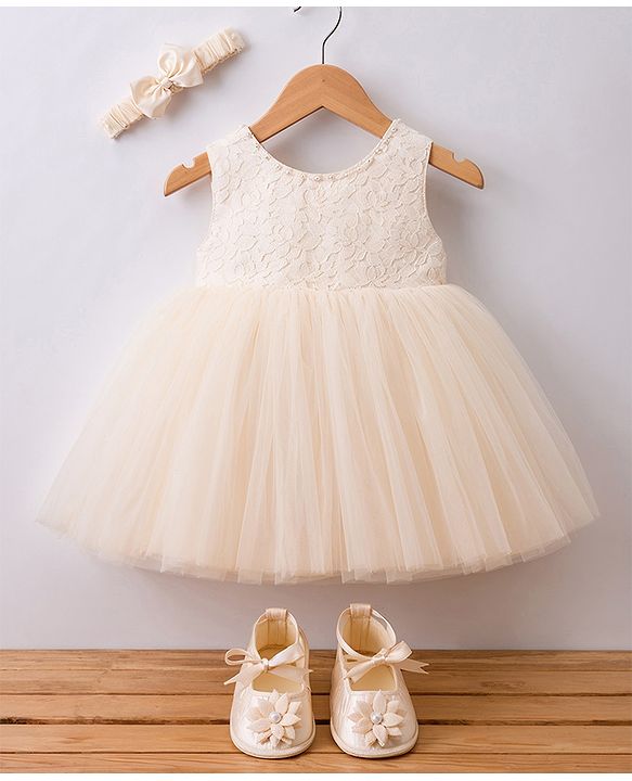Babyhug Mesh Woven Sleeveless Solid Colour Party Dress with Bow Applique and Matching Booties - Ivory