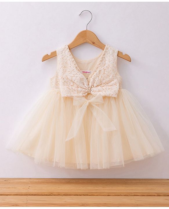 Babyhug Mesh Woven Sleeveless Solid Colour Party Dress with Bow Applique and Matching Booties - Ivory