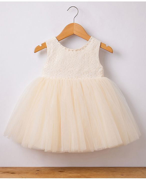 Babyhug Mesh Woven Sleeveless Solid Colour Party Dress with Bow Applique and Matching Booties - Ivory