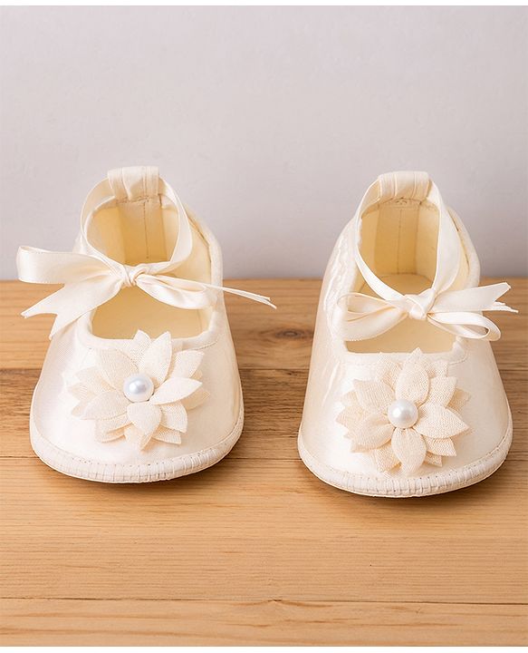 Babyhug Mesh Woven Sleeveless Solid Colour Party Dress with Bow Applique and Matching Booties - Ivory