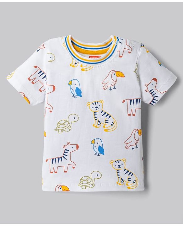 Babyhug Single Jersey Knit Half Sleeves Wild Animals Printed T-Shirt & Denim Shorts Set - White