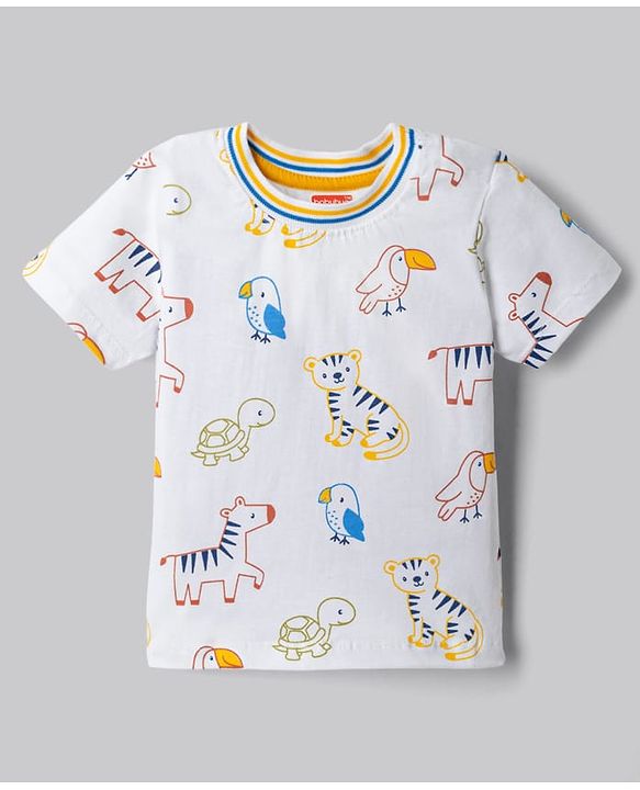 Babyhug Single Jersey Knit Half Sleeves Wild Animals Printed T-Shirt & Denim Shorts Set - White