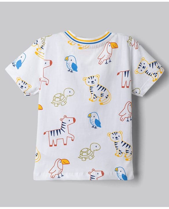 Babyhug Single Jersey Knit Half Sleeves Wild Animals Printed T-Shirt & Denim Shorts Set - White