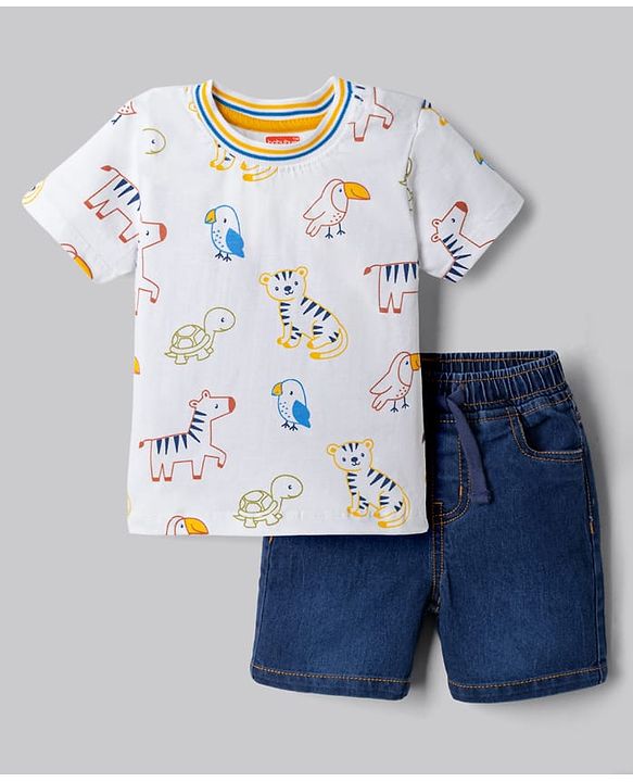 Babyhug Single Jersey Knit Half Sleeves Wild Animals Printed T-Shirt & Denim Shorts Set - White