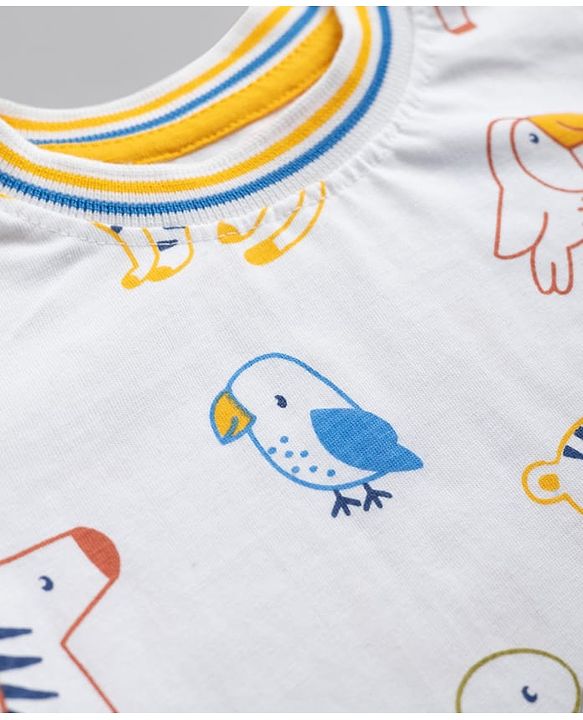Babyhug Single Jersey Knit Half Sleeves Wild Animals Printed T-Shirt & Denim Shorts Set - White