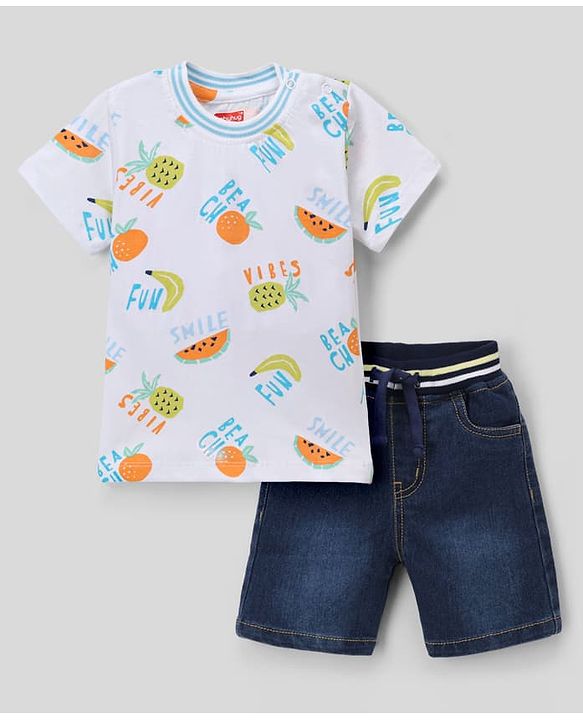 Babyhug Single Jersey Knit Denim Half Sleeves T-Shirt & Shorts With Fruit Print - White & Navy Blue