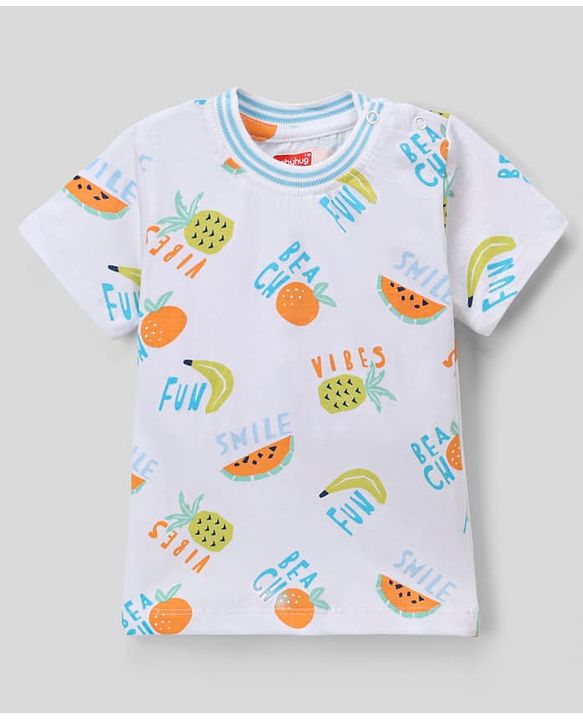 Babyhug Single Jersey Knit Denim Half Sleeves T-Shirt & Shorts With Fruit Print - White & Navy Blue