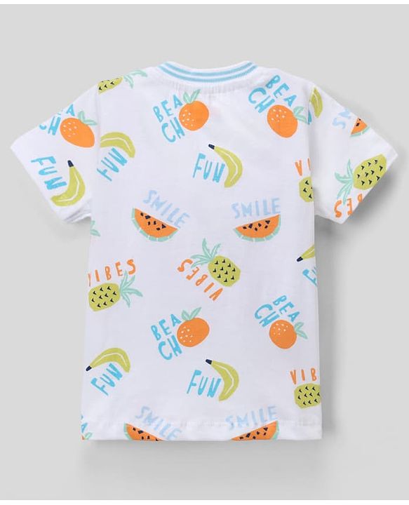 Babyhug Single Jersey Knit Denim Half Sleeves T-Shirt & Shorts With Fruit Print - White & Navy Blue