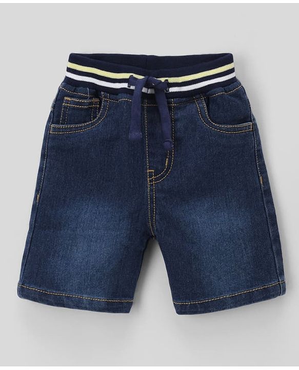 Babyhug Single Jersey Knit Denim Half Sleeves T-Shirt & Shorts With Fruit Print - White & Navy Blue