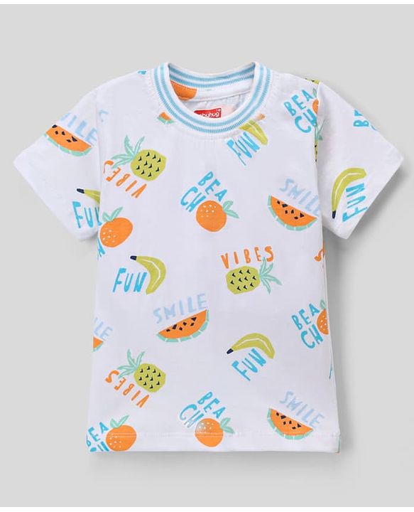 Babyhug Single Jersey Knit Denim Half Sleeves T-Shirt & Shorts With Fruit Print - White & Navy Blue