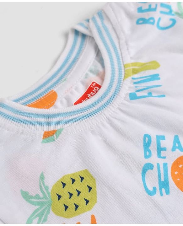 Babyhug Single Jersey Knit Denim Half Sleeves T-Shirt & Shorts With Fruit Print - White & Navy Blue