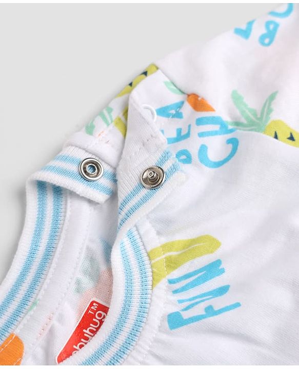 Babyhug Single Jersey Knit Denim Half Sleeves T-Shirt & Shorts With Fruit Print - White & Navy Blue