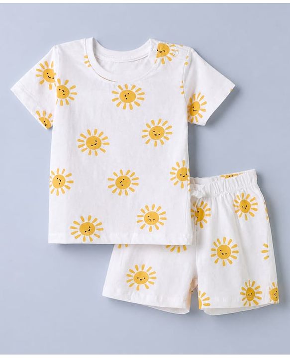 Babyhug 100% Cotton Single Jersey Knit Half Sleeves T-Shirt and Short with Sun Print - White