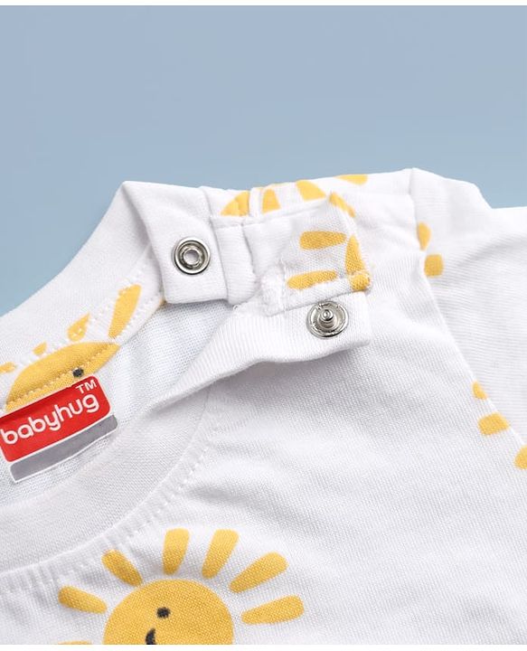 Babyhug 100% Cotton Single Jersey Knit Half Sleeves T-Shirt and Short with Sun Print - White