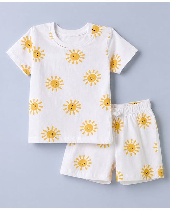 Babyhug 100% Cotton Single Jersey Knit Half Sleeves T-Shirt and Short with Sun Print - White
